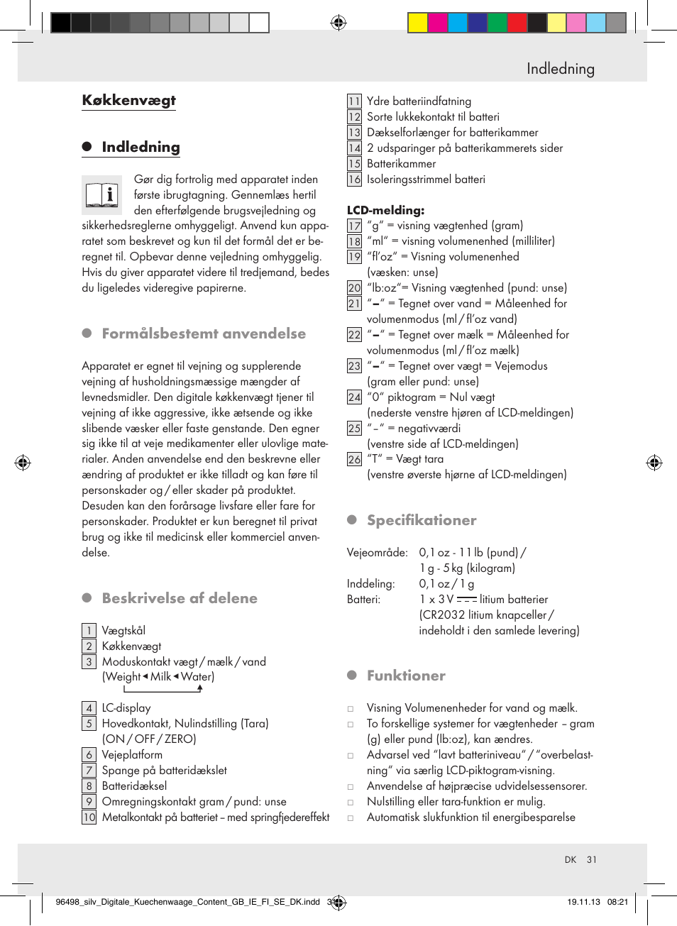 Indledning, Køkkenvægt, Formålsbestemt anvendelse | Beskrivelse af delene, Specifikationer, Funktioner | Silvercrest Z29852A/Z29852B User Manual | Page 31 / 67