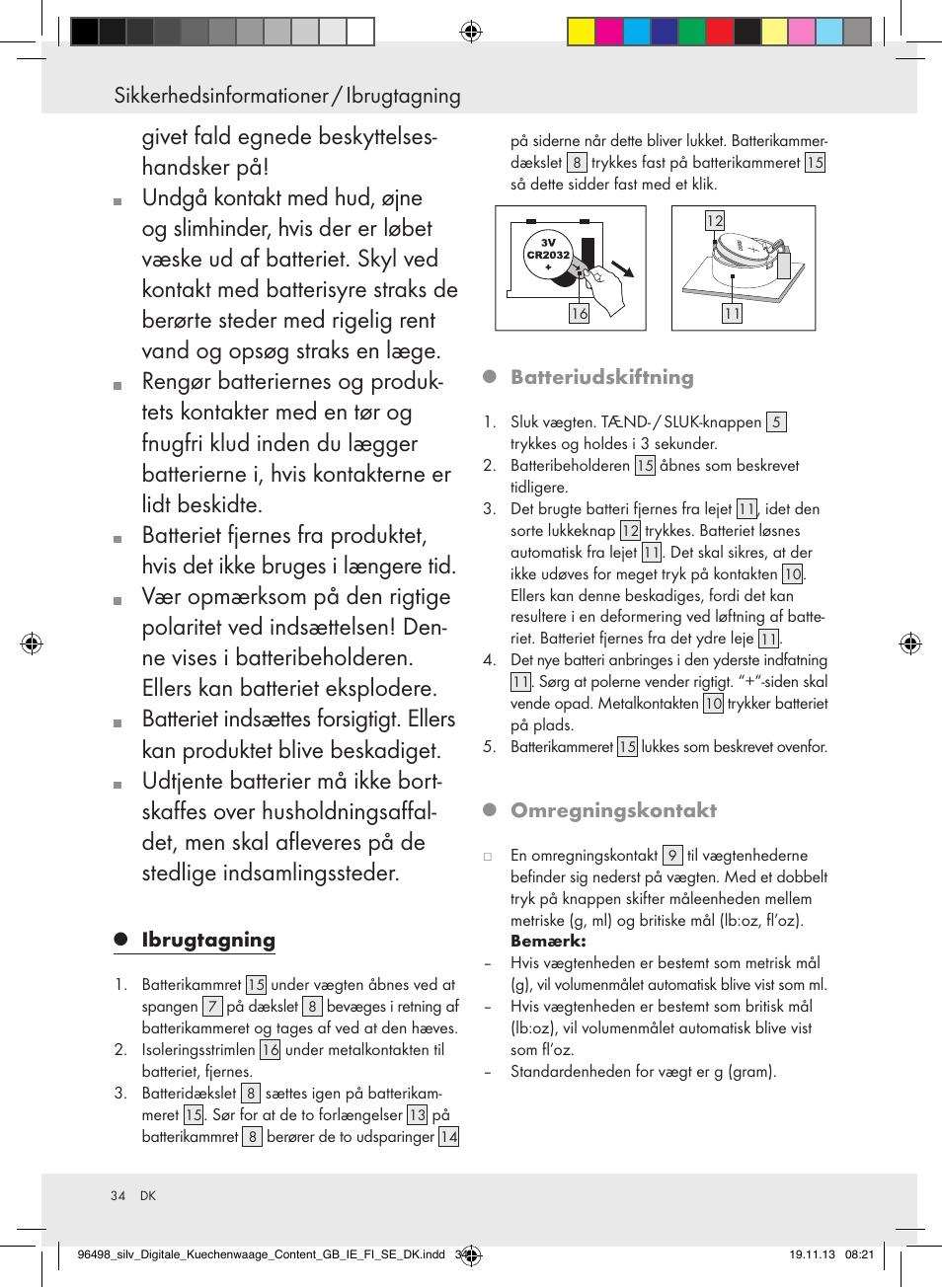 Sikkerhedsinformationer / ibrugtagning, Ibrugtagning, Batteriudskiftning | Omregningskontakt | Silvercrest Z29852A/Z29852B User Manual | Page 34 / 67