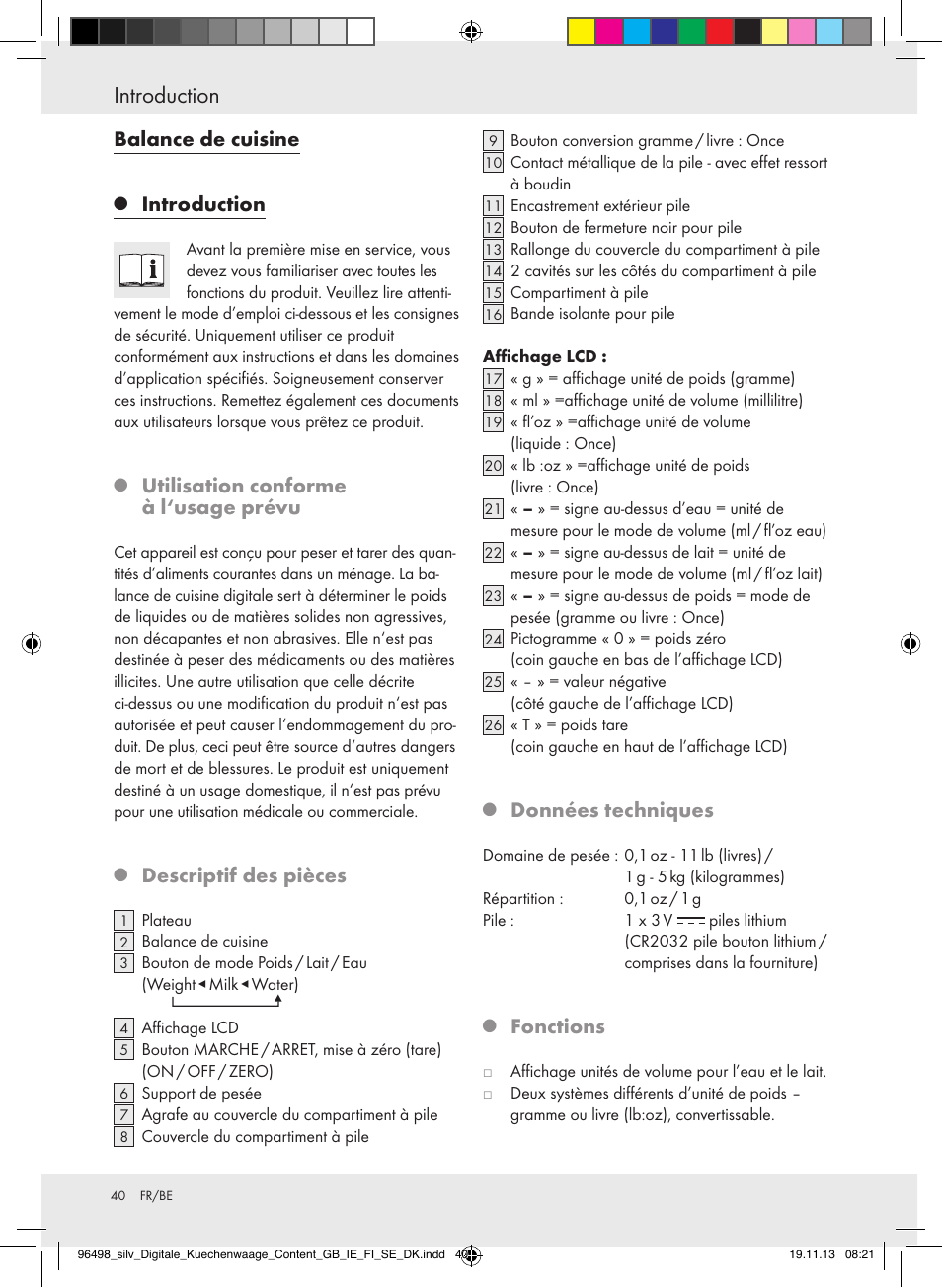 Introduction, Balance de cuisine, Utilisation conforme à l‘usage prévu | Descriptif des pièces, Données techniques, Fonctions | Silvercrest Z29852A/Z29852B User Manual | Page 40 / 67