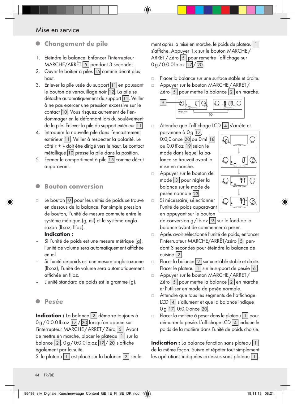 Mise en service, Changement de pile, Bouton conversion | Pesée | Silvercrest Z29852A/Z29852B User Manual | Page 44 / 67