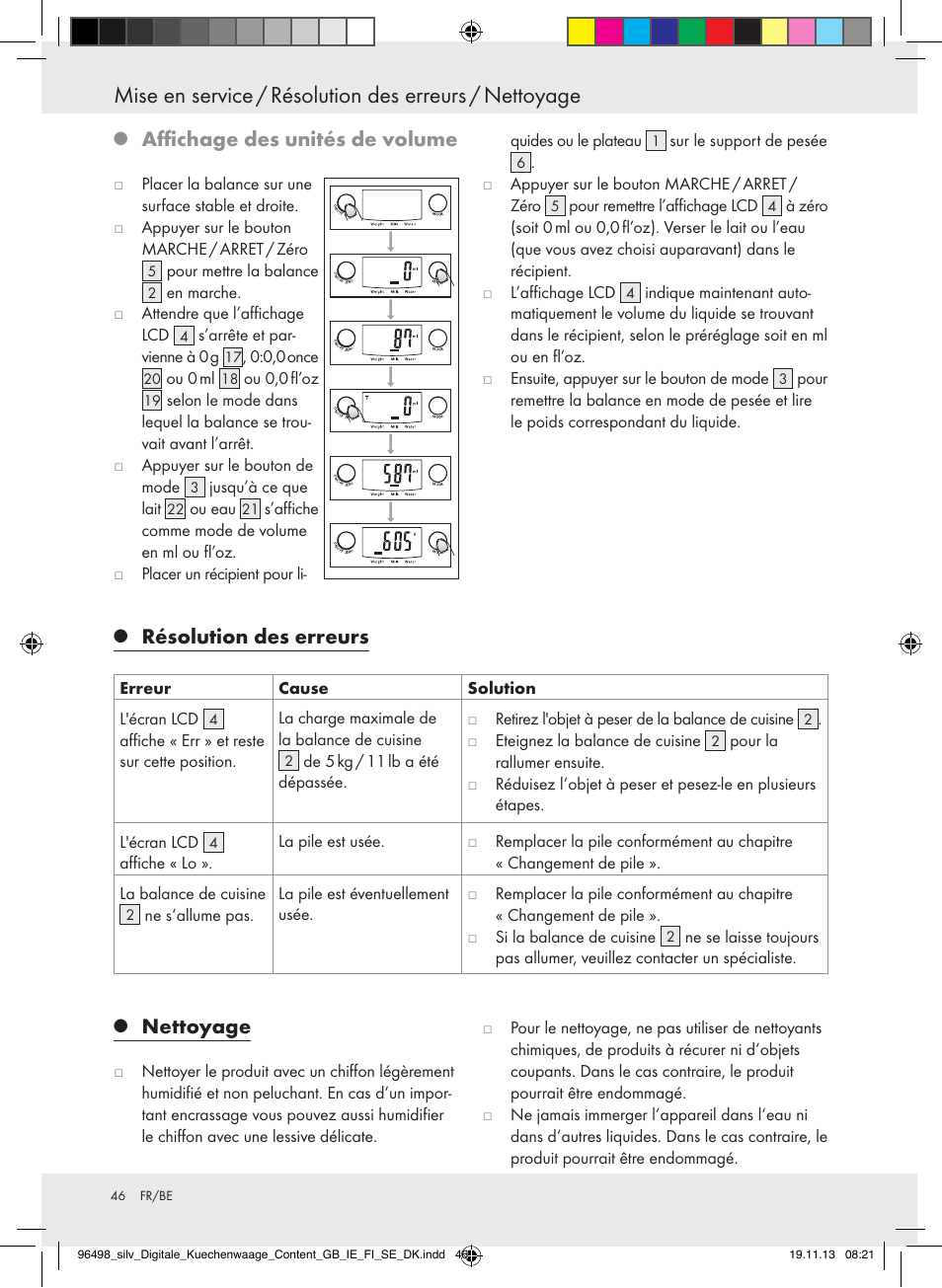 Affichage des unités de volume, Nettoyage, Résolution des erreurs | Silvercrest Z29852A/Z29852B User Manual | Page 46 / 67