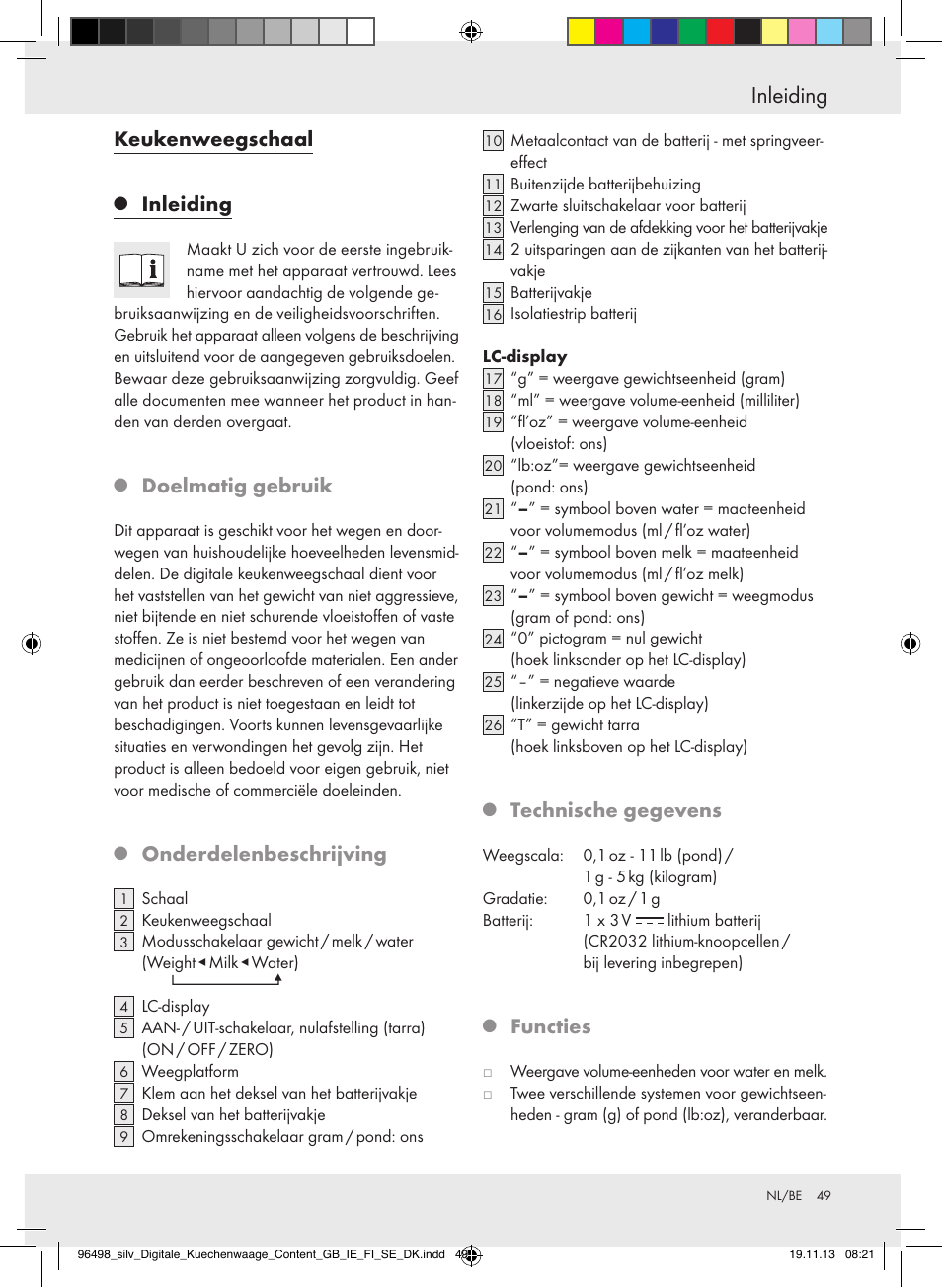 Inleiding, Keukenweegschaal, Doelmatig gebruik | Onderdelenbeschrijving, Technische gegevens, Functies | Silvercrest Z29852A/Z29852B User Manual | Page 49 / 67