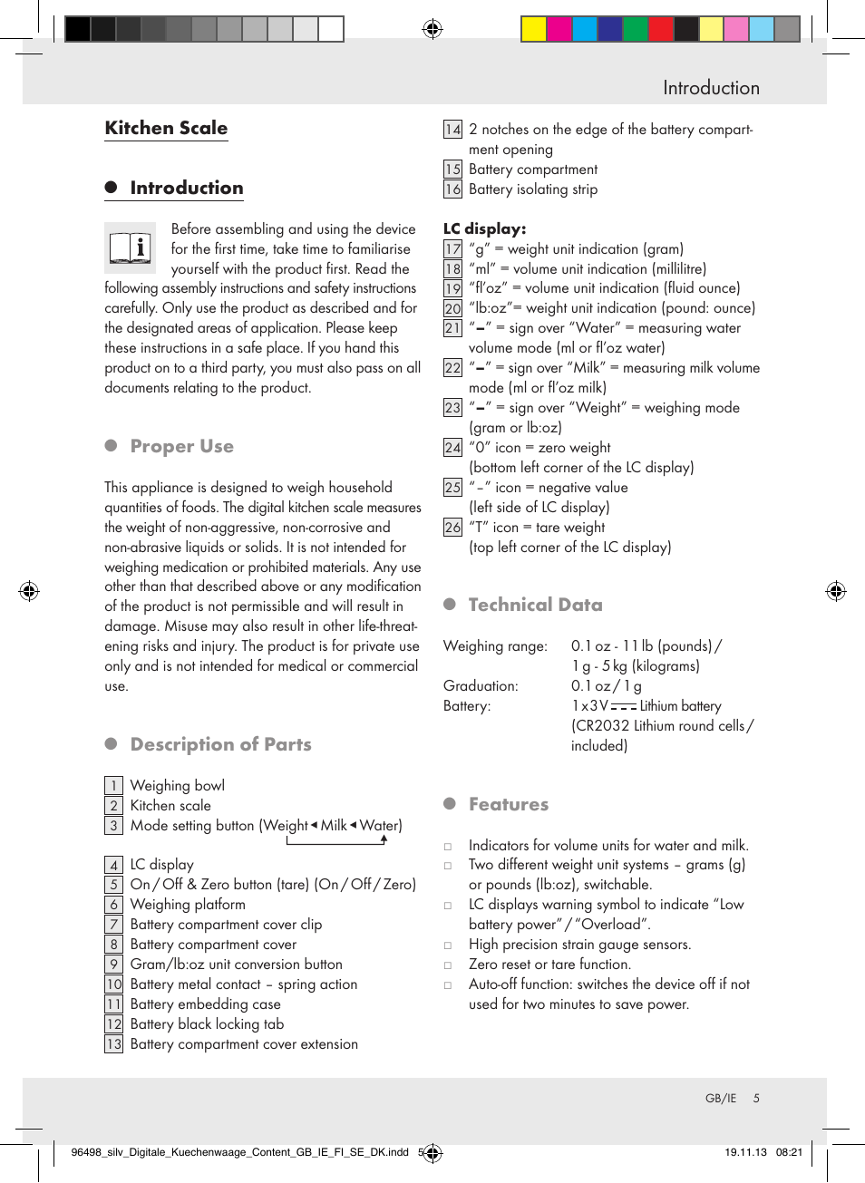 Introduction, Kitchen scale, Proper use | Description of parts, Technical data, Features | Silvercrest Z29852A/Z29852B User Manual | Page 5 / 67