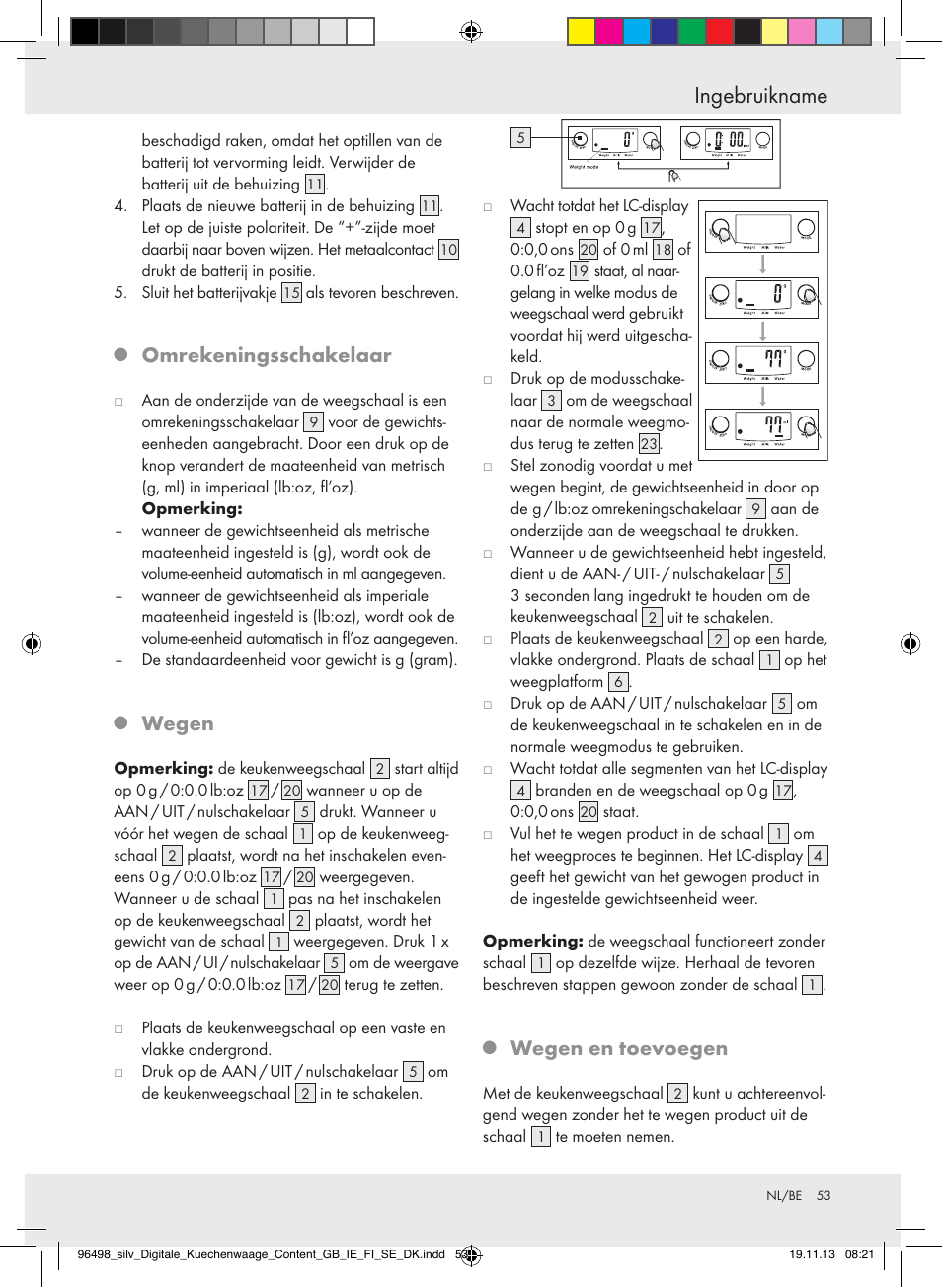 Ingebruikname, Omrekeningsschakelaar, Wegen | Wegen en toevoegen | Silvercrest Z29852A/Z29852B User Manual | Page 53 / 67