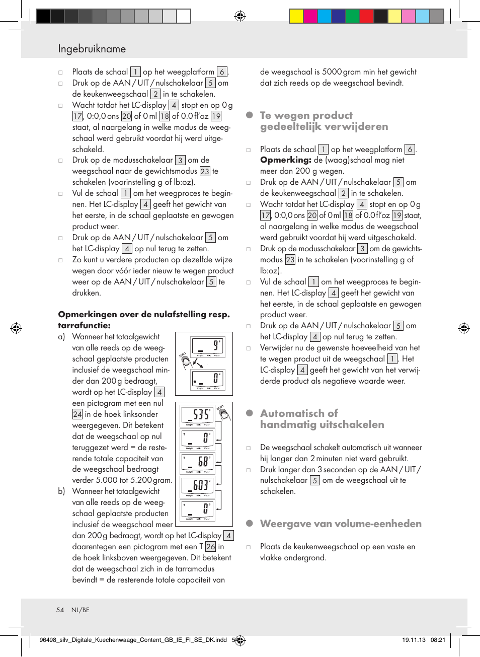 Ingebruikname, Te wegen product gedeeltelijk verwijderen, Automatisch of handmatig uitschakelen | Weergave van volume-eenheden | Silvercrest Z29852A/Z29852B User Manual | Page 54 / 67