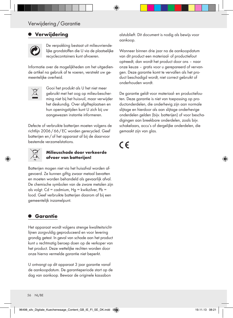 Verwijdering / garantie, Verwijdering, Garantie | Silvercrest Z29852A/Z29852B User Manual | Page 56 / 67