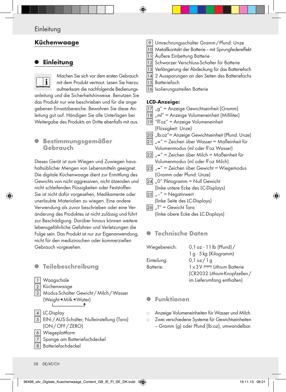 Einleitung, Küchenwaage, Bestimmungsgemäßer gebrauch | Teilebeschreibung, Technische daten, Funktionen | Silvercrest Z29852A/Z29852B User Manual | Page 58 / 67