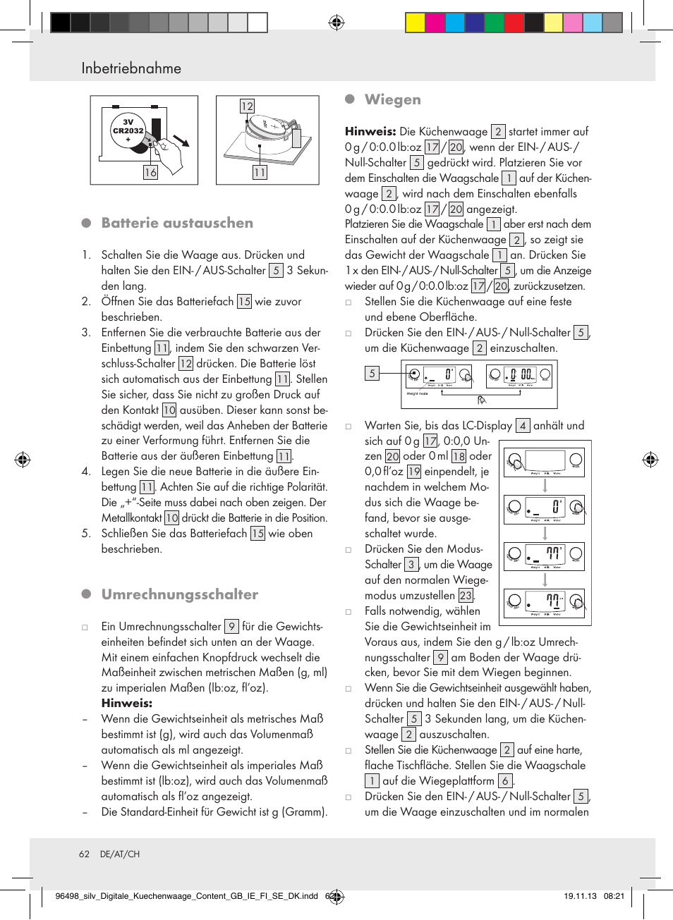 Inbetriebnahme, Batterie austauschen, Umrechnungsschalter | Wiegen | Silvercrest Z29852A/Z29852B User Manual | Page 62 / 67