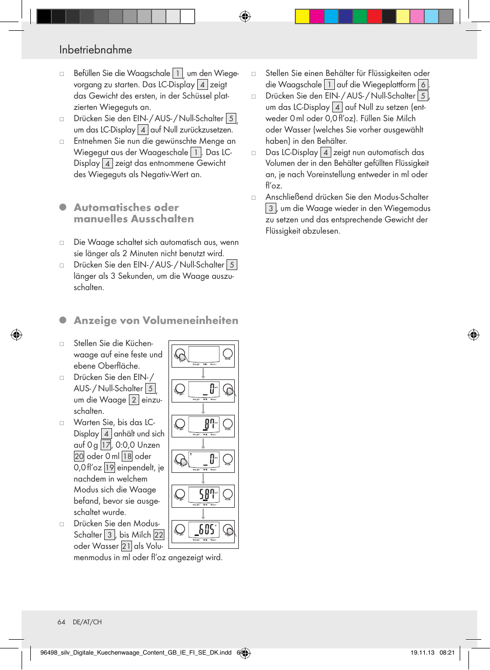 Inbetriebnahme, Automatisches oder manuelles ausschalten, Anzeige von volumeneinheiten | Silvercrest Z29852A/Z29852B User Manual | Page 64 / 67