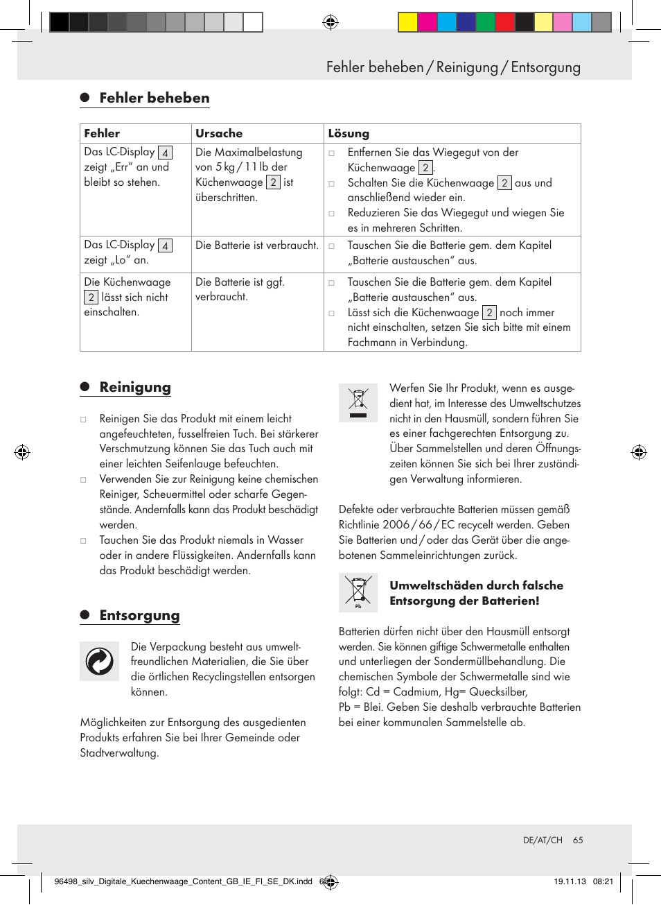 Fehler beheben / reinigung / entsorgung, Reinigung, Entsorgung | Fehler beheben | Silvercrest Z29852A/Z29852B User Manual | Page 65 / 67