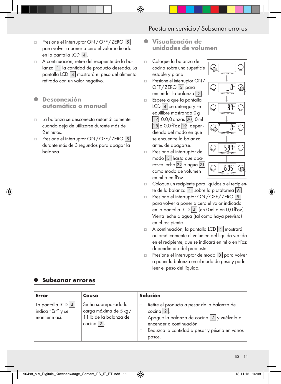 Puesta en servicio / subsanar errores, Desconexión automática o manual, Visualización de unidades de volumen | Subsanar errores | Silvercrest Z29852A/Z29852B User Manual | Page 11 / 51