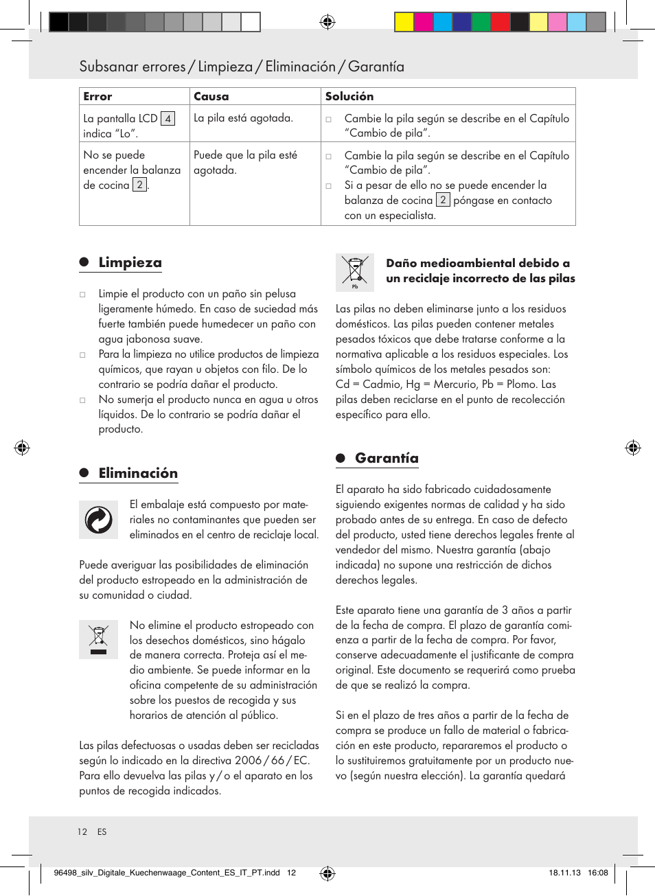 Limpieza, Eliminación, Garantía | Silvercrest Z29852A/Z29852B User Manual | Page 12 / 51