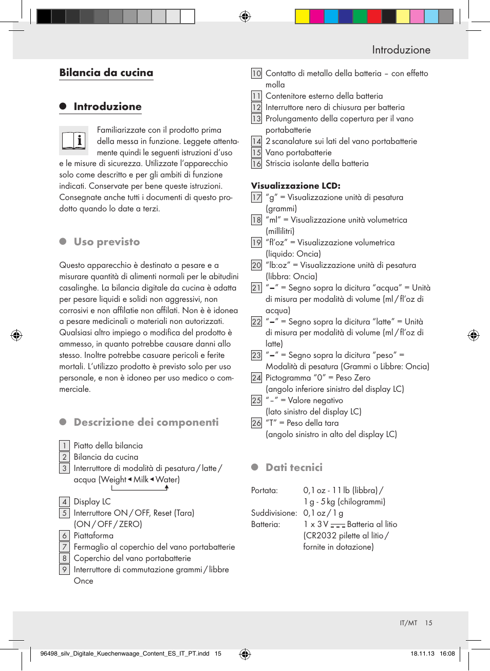 Introduzione, Bilancia da cucina, Uso previsto | Descrizione dei componenti, Dati tecnici | Silvercrest Z29852A/Z29852B User Manual | Page 15 / 51