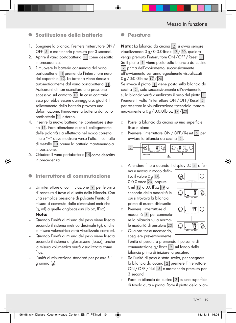 Messa in funzione, Sostituzione della batteria, Interruttore di commutazione | Pesatura | Silvercrest Z29852A/Z29852B User Manual | Page 19 / 51