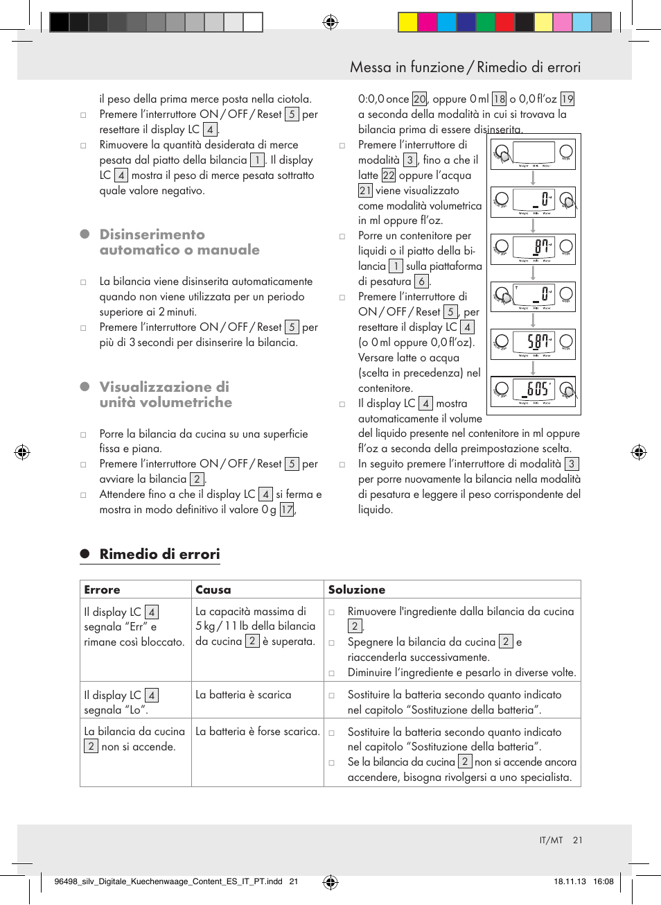 Messa in funzione / rimedio di errori, Disinserimento automatico o manuale, Visualizzazione di unità volumetriche | Rimedio di errori | Silvercrest Z29852A/Z29852B User Manual | Page 21 / 51