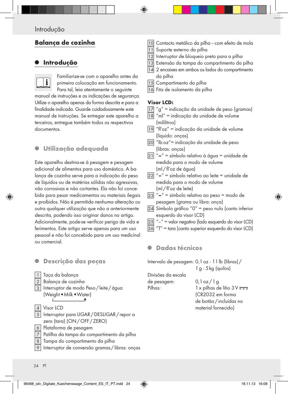 Introdução, Balança de cozinha, Utilização adequada | Descrição das peças, Dados técnicos | Silvercrest Z29852A/Z29852B User Manual | Page 24 / 51