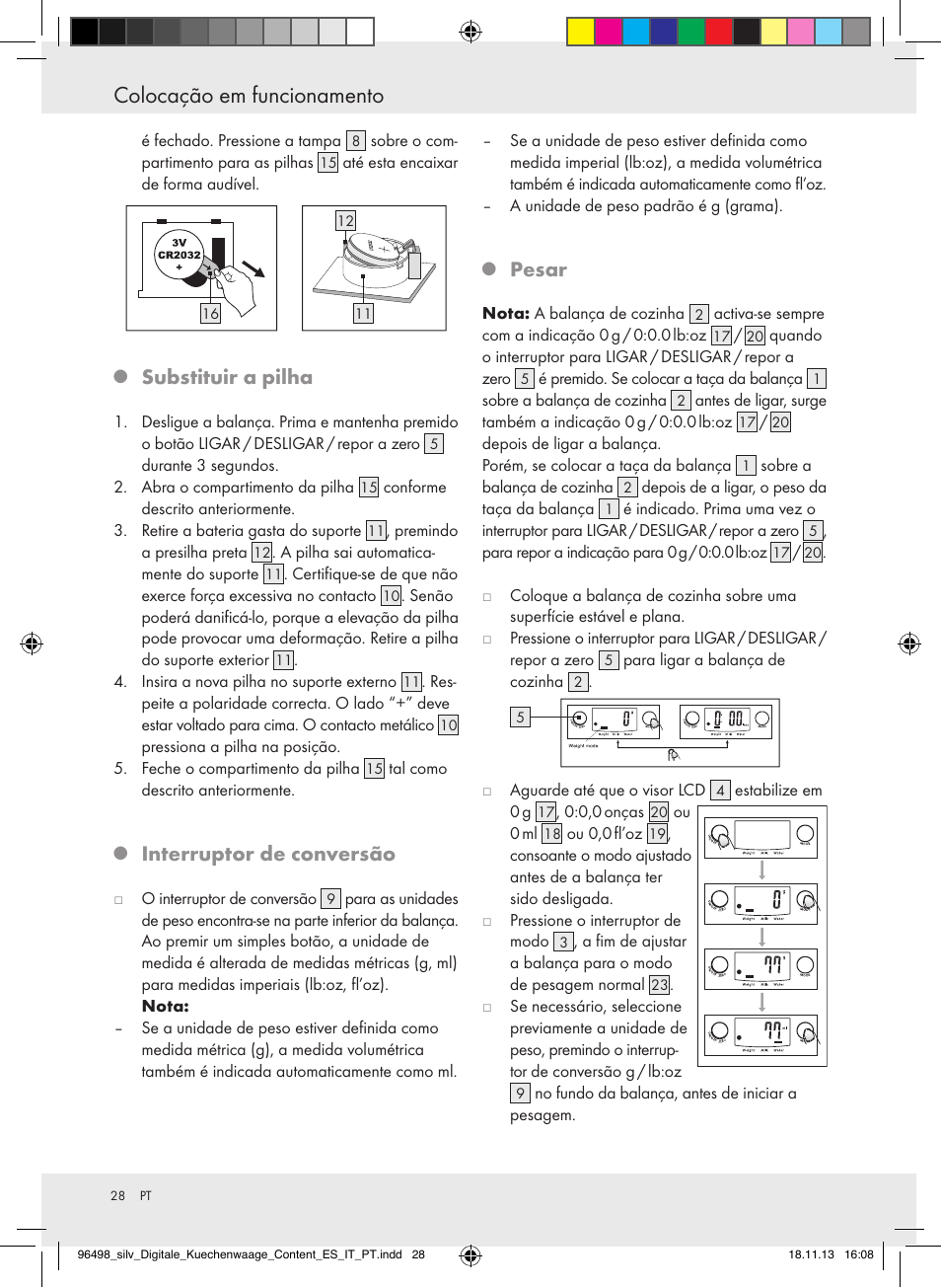 Colocação em funcionamento, Substituir a pilha, Interruptor de conversão | Pesar | Silvercrest Z29852A/Z29852B User Manual | Page 28 / 51