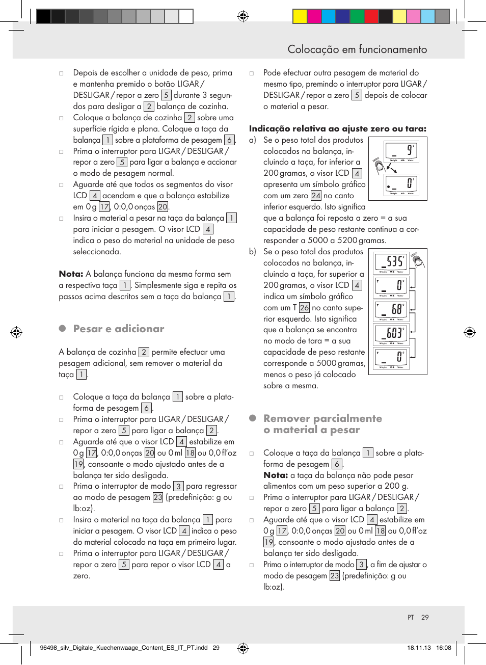 Colocação em funcionamento, Pesar e adicionar, Remover parcialmente o material a pesar | Silvercrest Z29852A/Z29852B User Manual | Page 29 / 51