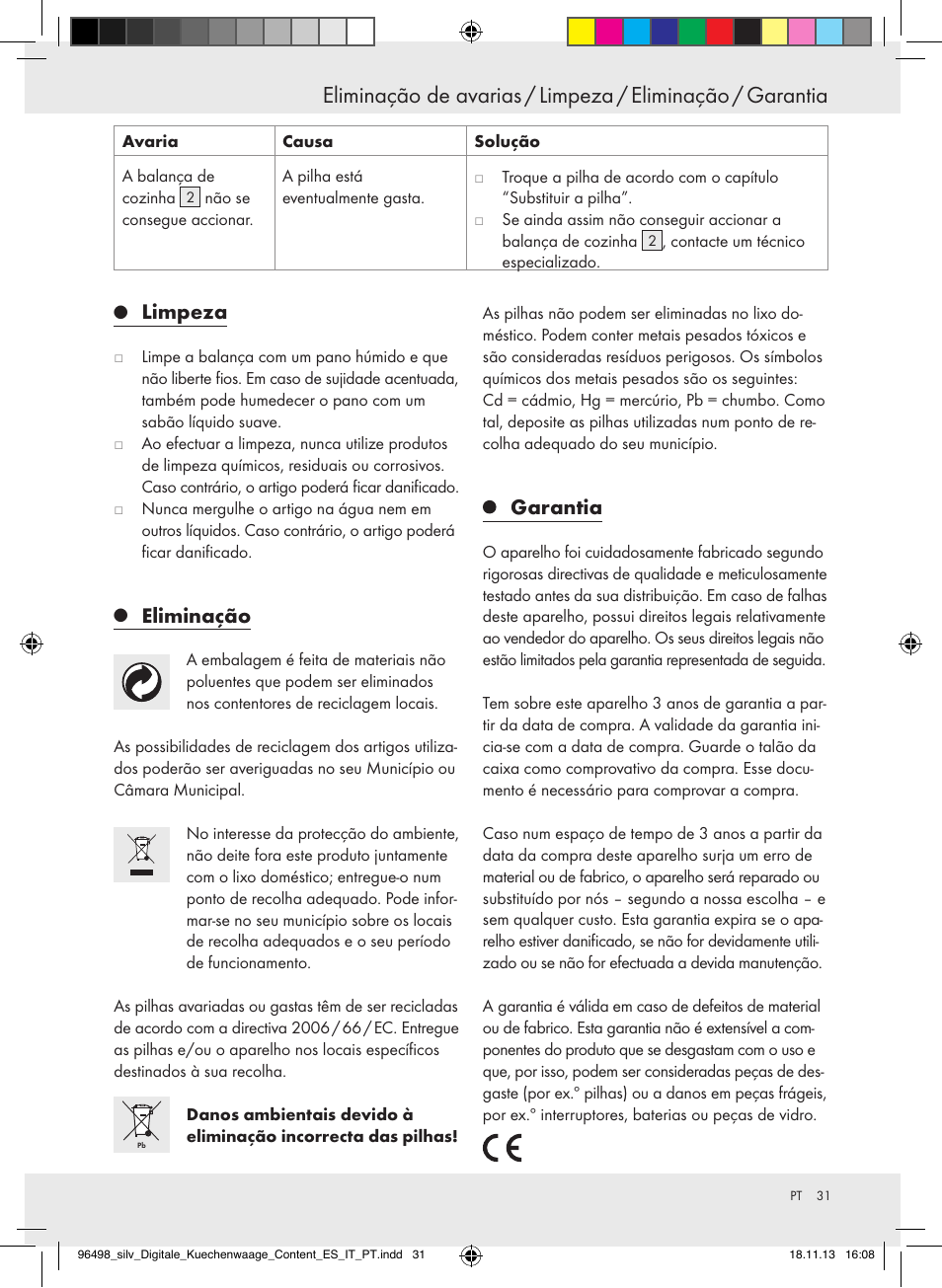 Limpeza, Eliminação, Garantia | Silvercrest Z29852A/Z29852B User Manual | Page 31 / 51