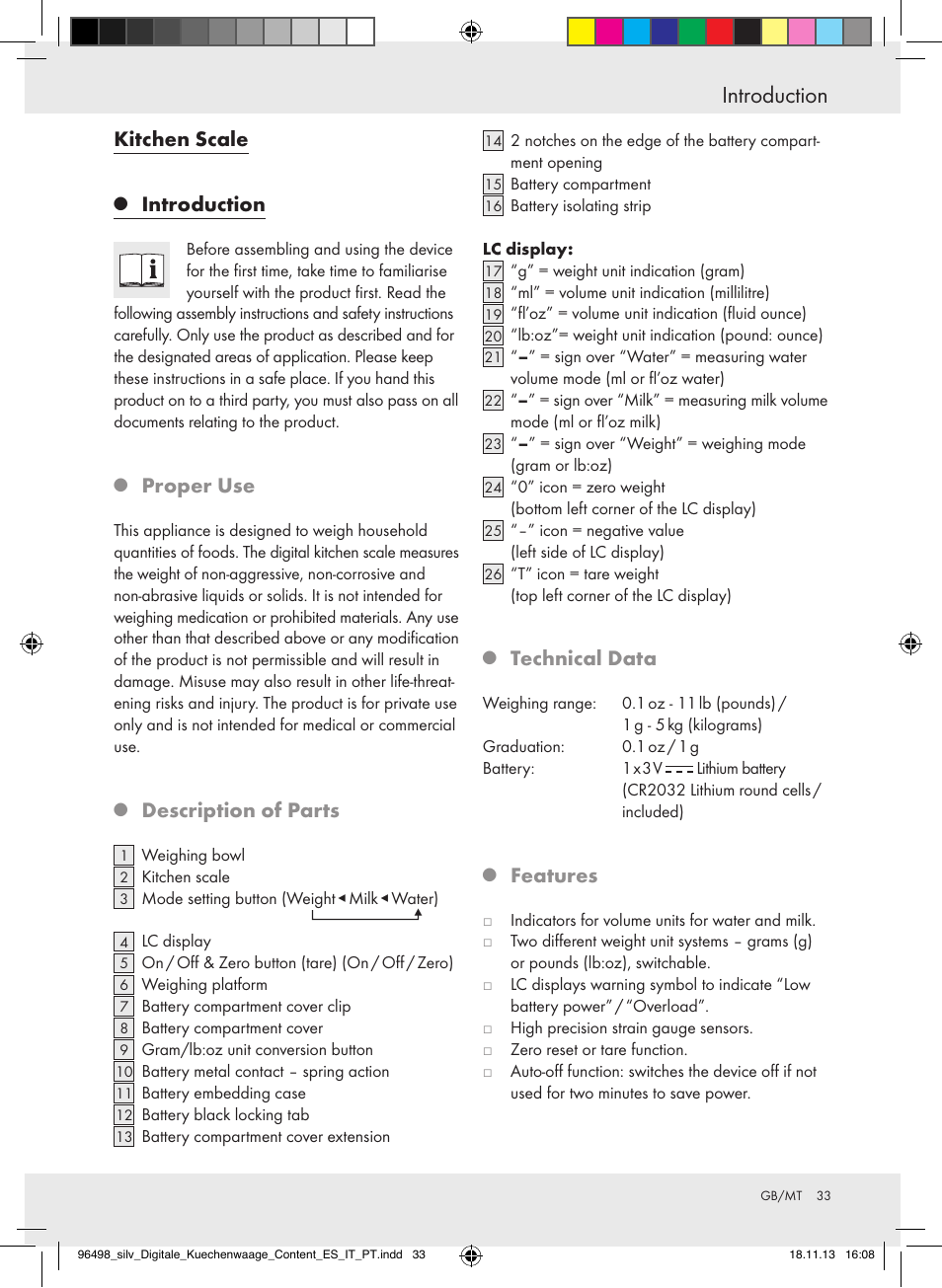 Introduction, Kitchen scale, Proper use | Description of parts, Technical data, Features | Silvercrest Z29852A/Z29852B User Manual | Page 33 / 51