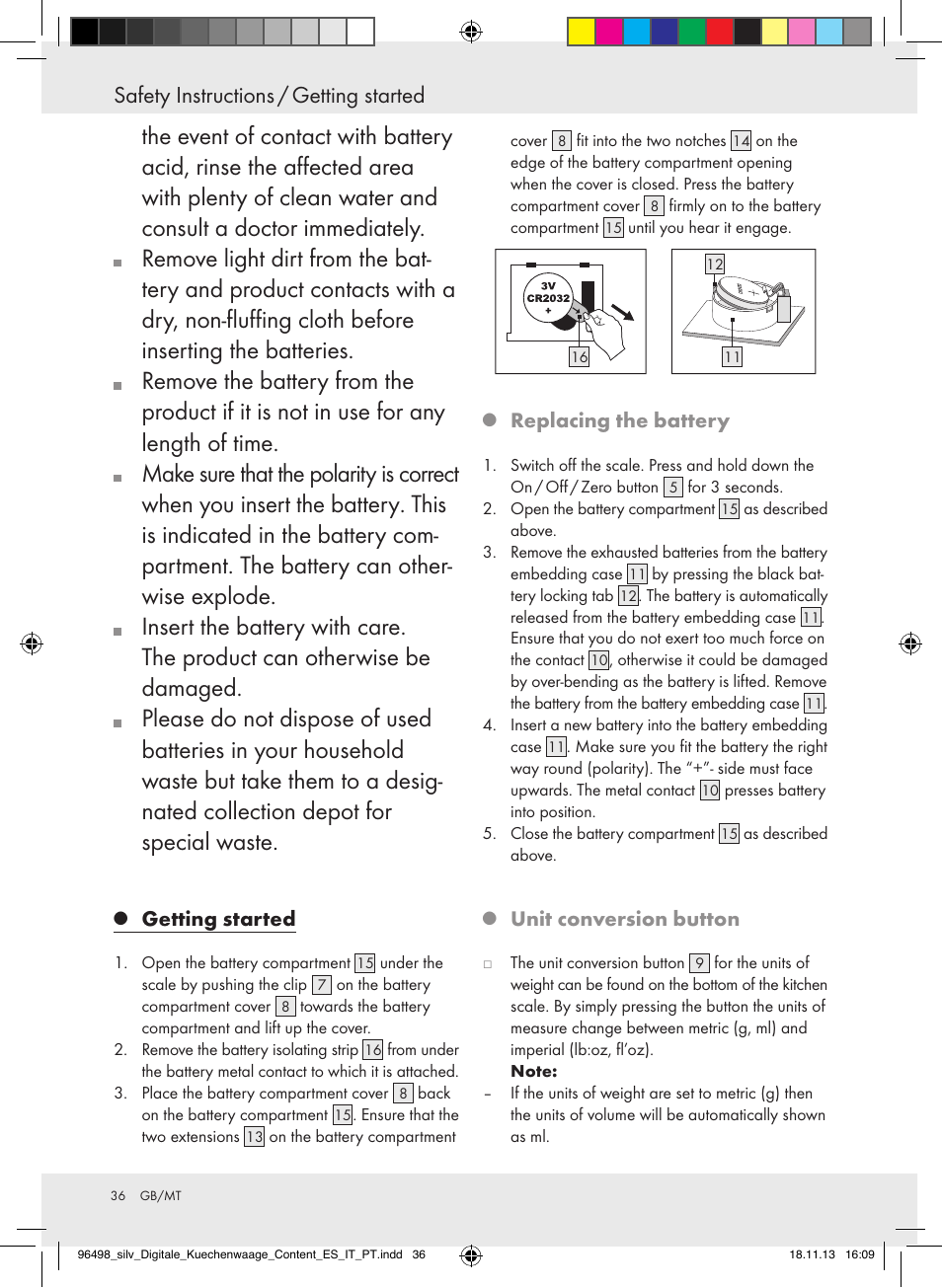 Safety instructions / getting started, Getting started, Replacing the battery | Unit conversion button | Silvercrest Z29852A/Z29852B User Manual | Page 36 / 51