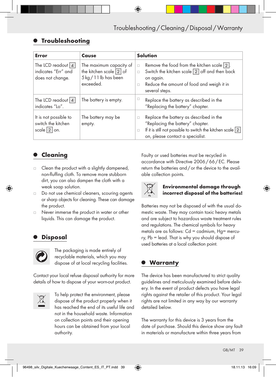 Troubleshooting / cleaning / disposal / warranty, Troubleshooting, Cleaning | Disposal, Warranty | Silvercrest Z29852A/Z29852B User Manual | Page 39 / 51