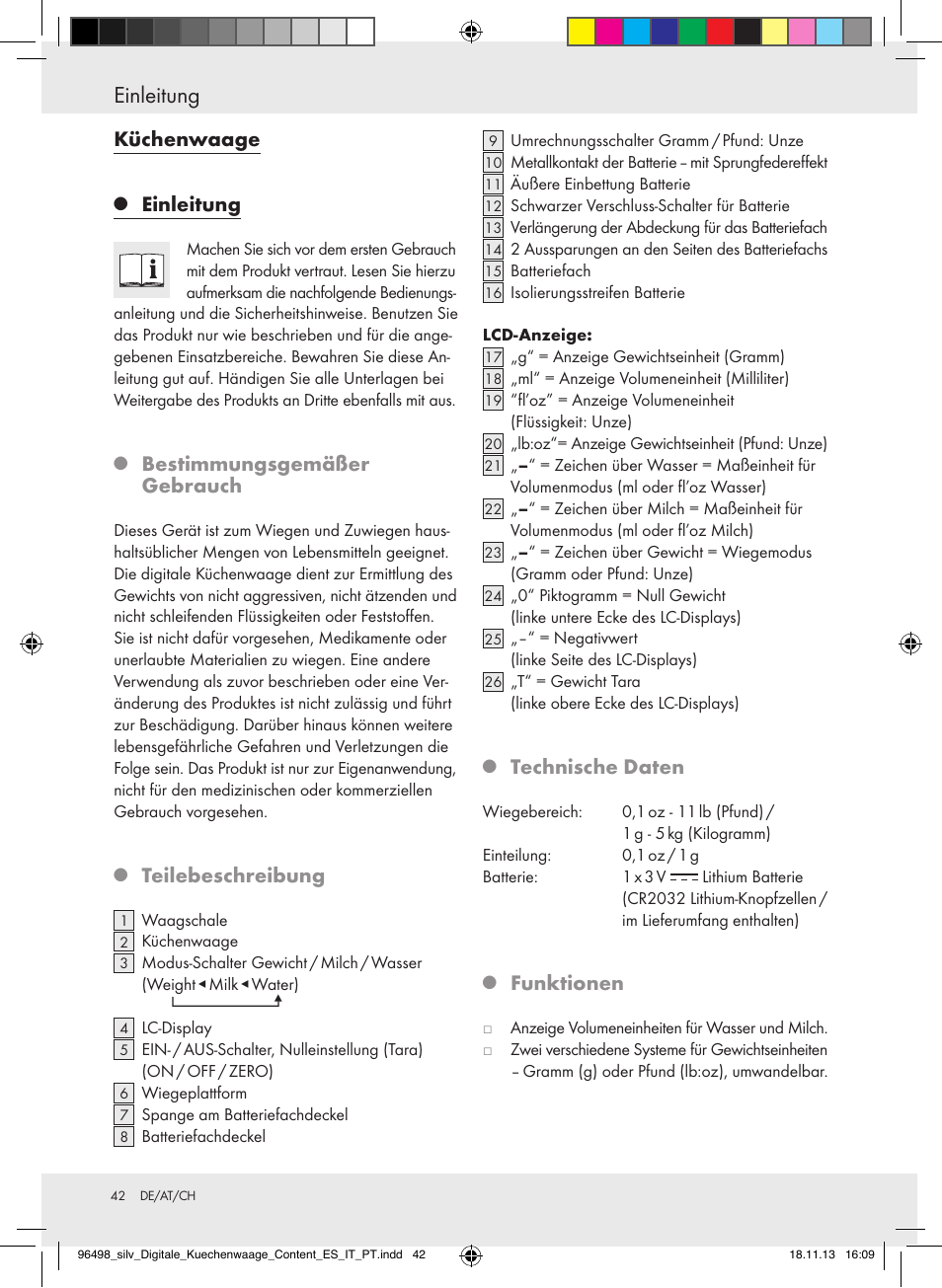 Einleitung, Küchenwaage, Bestimmungsgemäßer gebrauch | Teilebeschreibung, Technische daten, Funktionen | Silvercrest Z29852A/Z29852B User Manual | Page 42 / 51