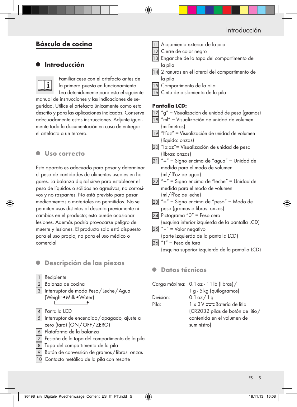 Introducción, Báscula de cocina, Uso correcto | Descripción de las piezas, Datos técnicos | Silvercrest Z29852A/Z29852B User Manual | Page 5 / 51