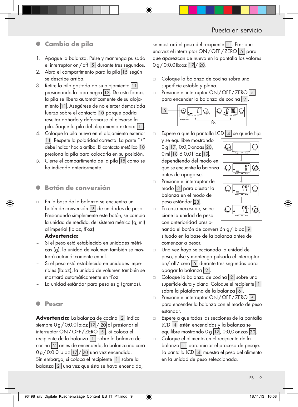 Puesta en servicio, Cambio de pila, Botón de conversión | Pesar | Silvercrest Z29852A/Z29852B User Manual | Page 9 / 51