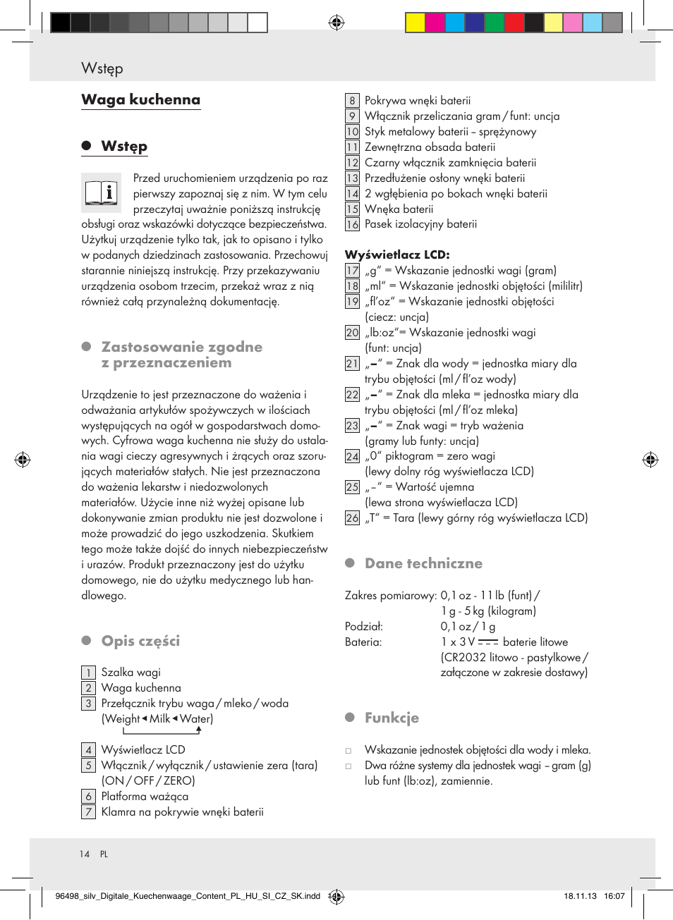 Wstęp, Waga kuchenna, Zastosowanie zgodne z przeznaczeniem | Opis części, Dane techniczne, Funkcje | Silvercrest Z29852A/Z29852B User Manual | Page 14 / 69