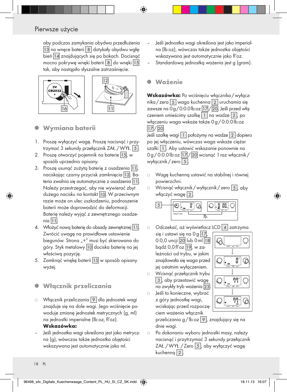 Pierwsze użycie, Wymiana baterii, Włącznik przeliczania | Ważenie | Silvercrest Z29852A/Z29852B User Manual | Page 18 / 69