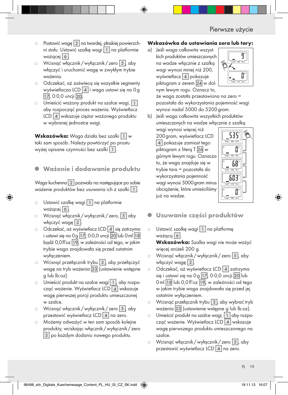 Pierwsze użycie, Ważenie i dodawanie produktu, Usuwanie części produktów | Silvercrest Z29852A/Z29852B User Manual | Page 19 / 69