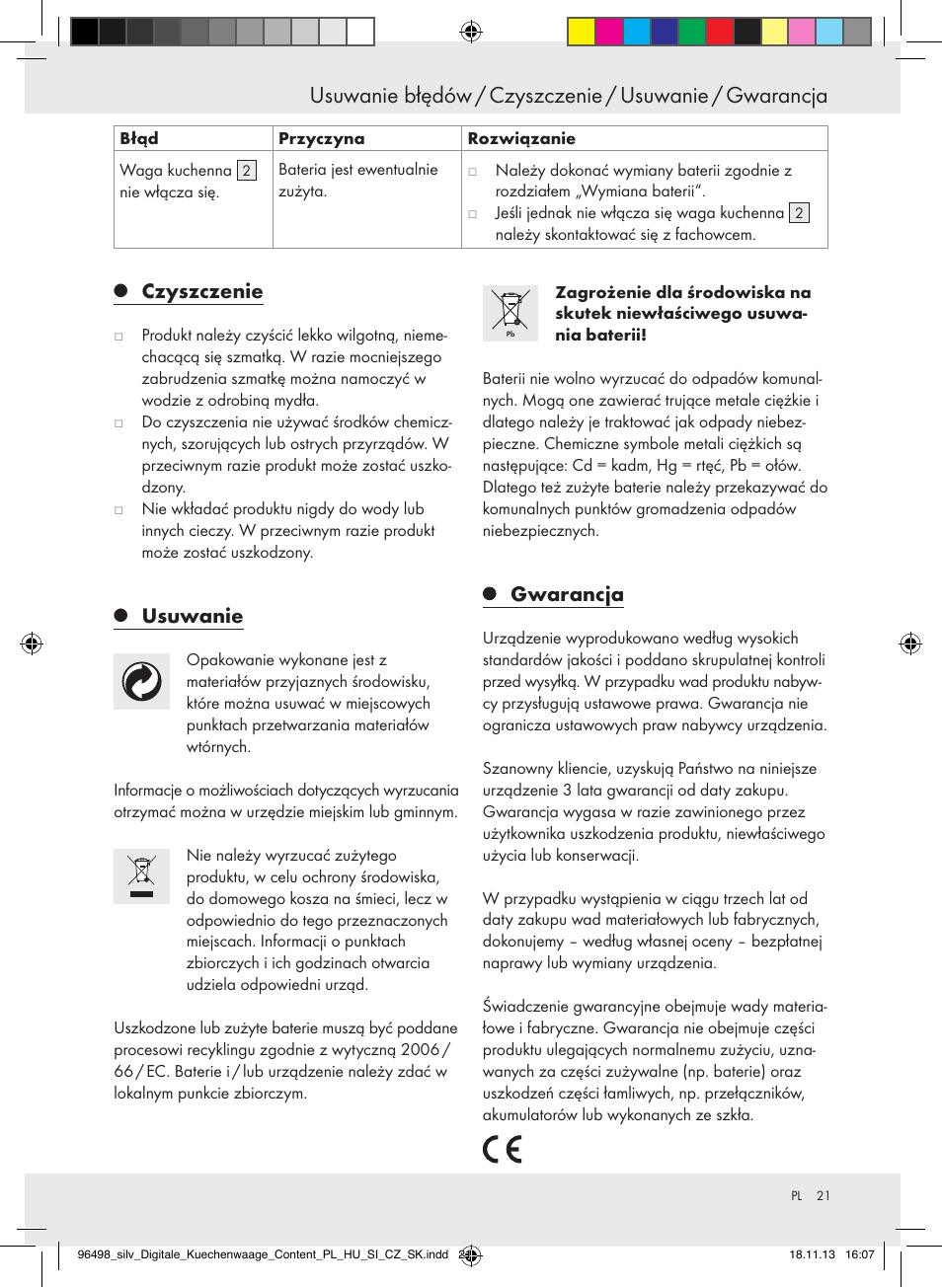 Czyszczenie, Usuwanie, Gwarancja | Silvercrest Z29852A/Z29852B User Manual | Page 21 / 69