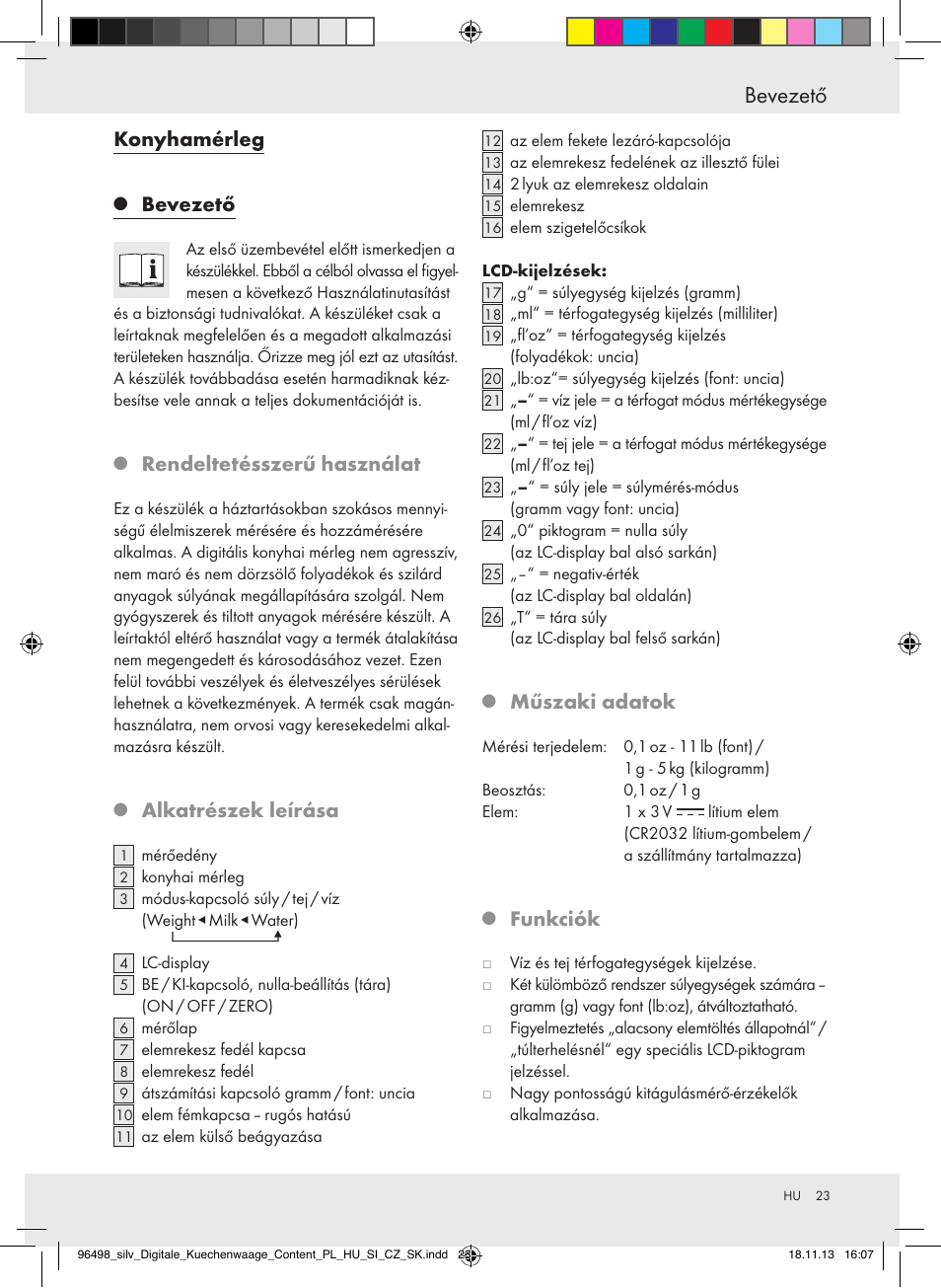 Bevezető, Konyhamérleg, Rendeltetésszerű használat | Alkatrészek leírása, Műszaki adatok, Funkciók | Silvercrest Z29852A/Z29852B User Manual | Page 23 / 69