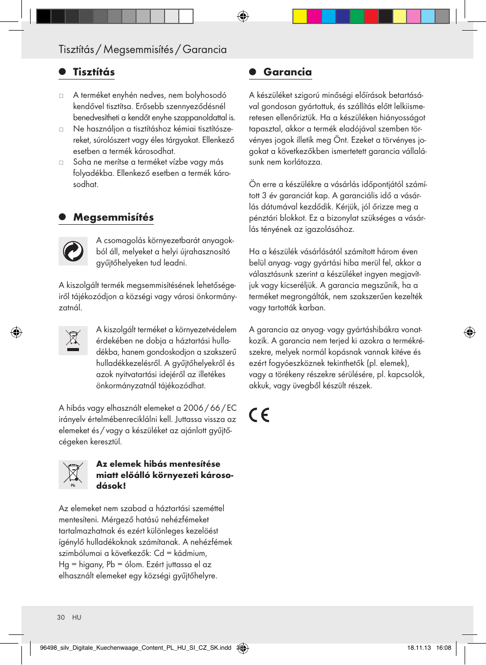 Tisztítás / megsemmisítés / garancia, Tisztítás, Megsemmisítés | Garancia | Silvercrest Z29852A/Z29852B User Manual | Page 30 / 69