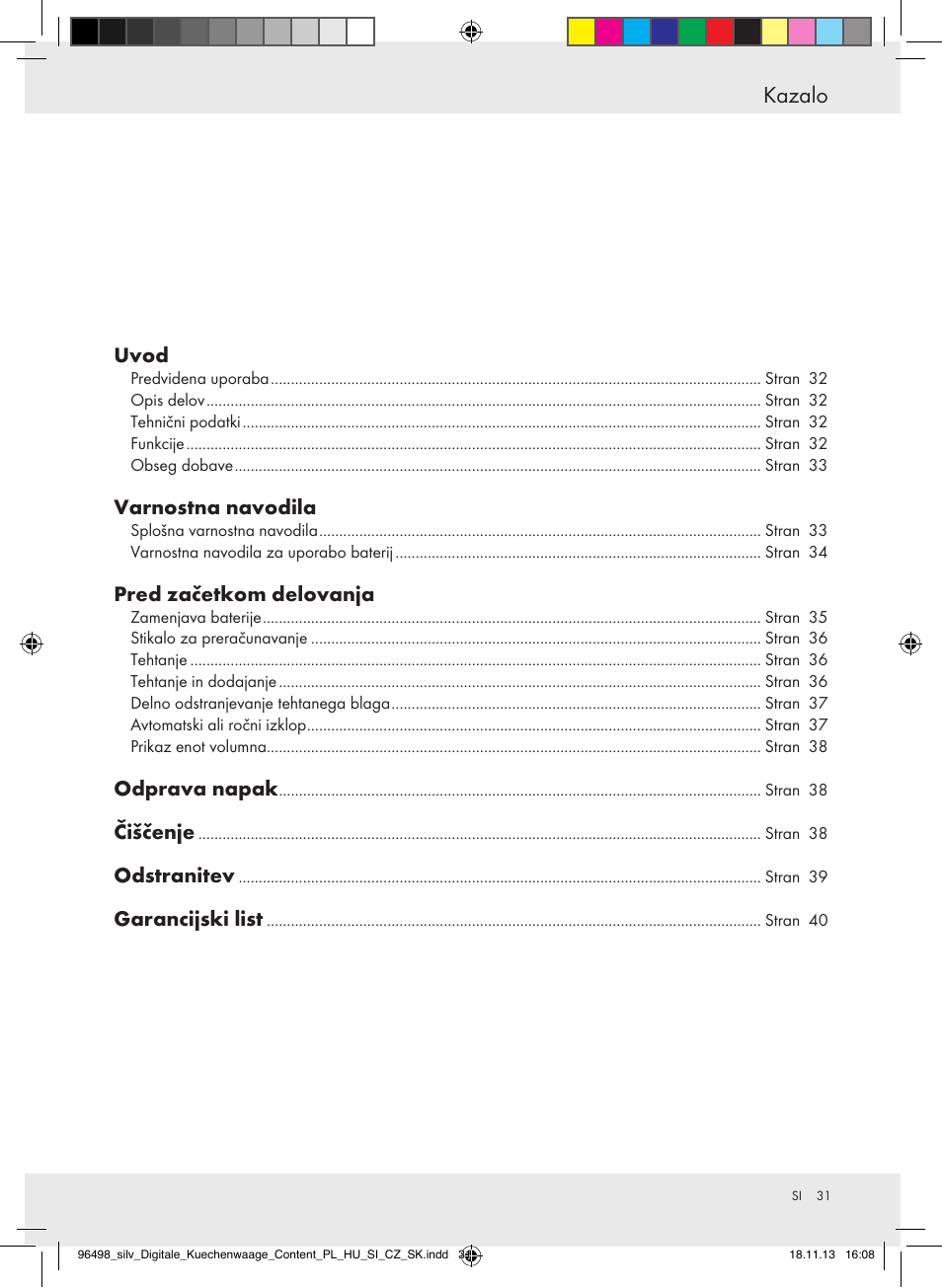 Kazalo | Silvercrest Z29852A/Z29852B User Manual | Page 31 / 69
