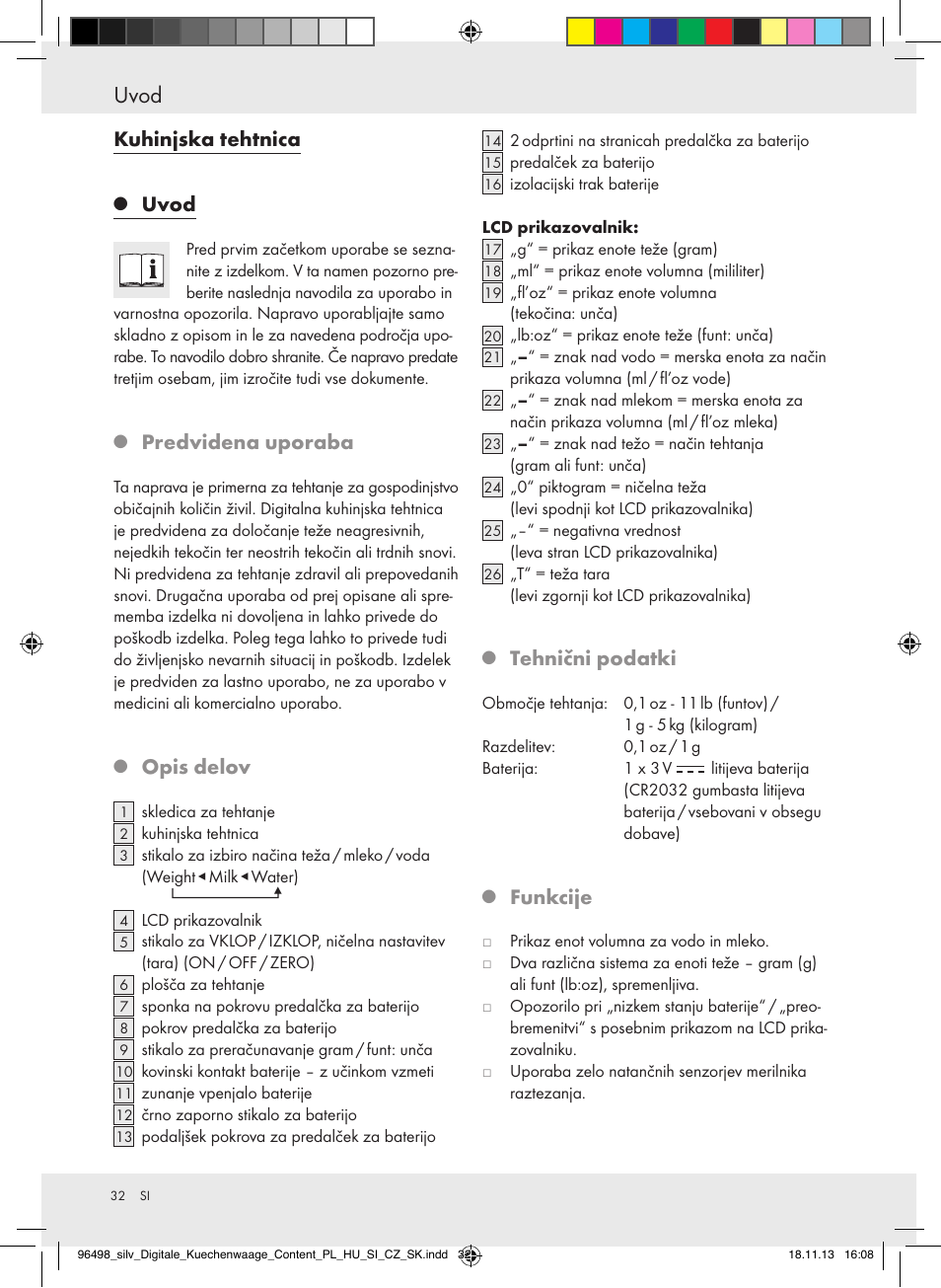 Uvod, Kuhinjska tehtnica, Predvidena uporaba | Opis delov, Tehnični podatki, Funkcije | Silvercrest Z29852A/Z29852B User Manual | Page 32 / 69