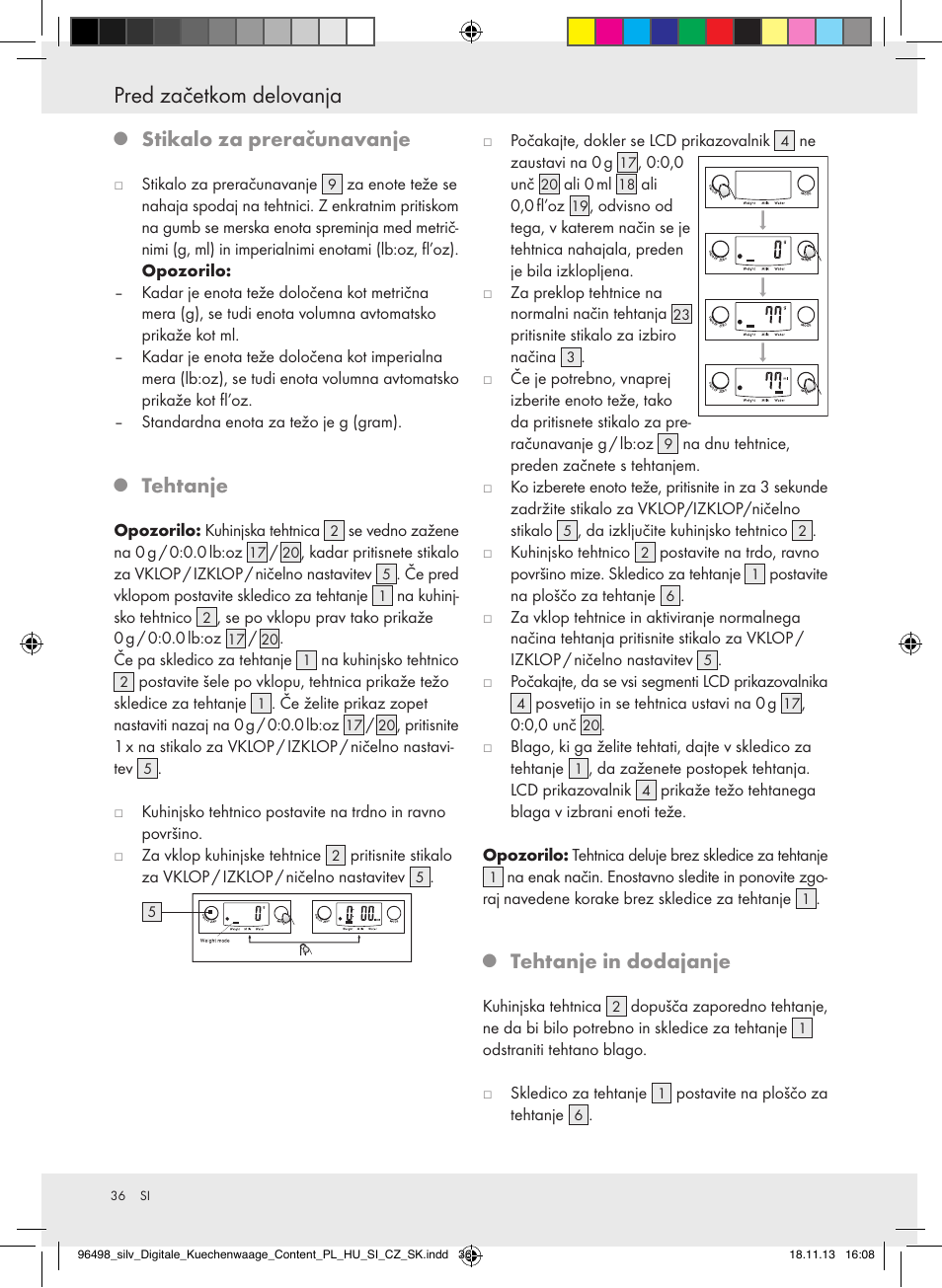 Pred začetkom delovanja, Stikalo za preračunavanje, Tehtanje | Tehtanje in dodajanje | Silvercrest Z29852A/Z29852B User Manual | Page 36 / 69