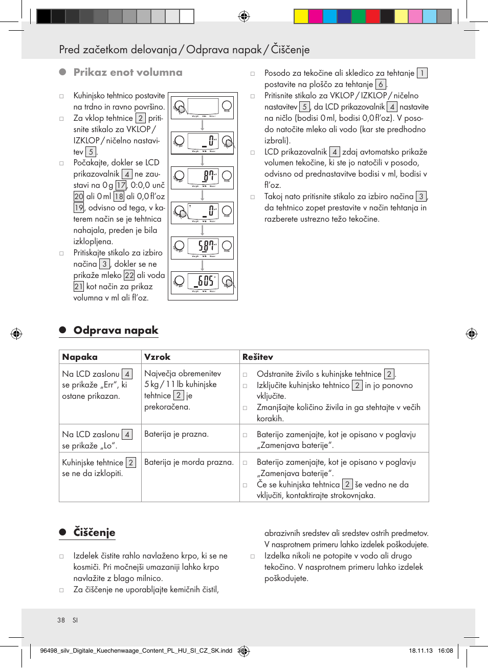 Pred začetkom delovanja / odprava napak / čiščenje, Prikaz enot volumna, Čiščenje | Odprava napak | Silvercrest Z29852A/Z29852B User Manual | Page 38 / 69