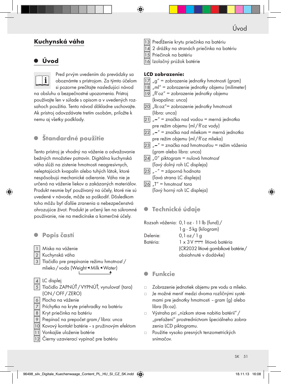 Úvod, Kuchynská váha, Štandardné použitie | Popis častí, Technické údaje, Funkcie | Silvercrest Z29852A/Z29852B User Manual | Page 51 / 69