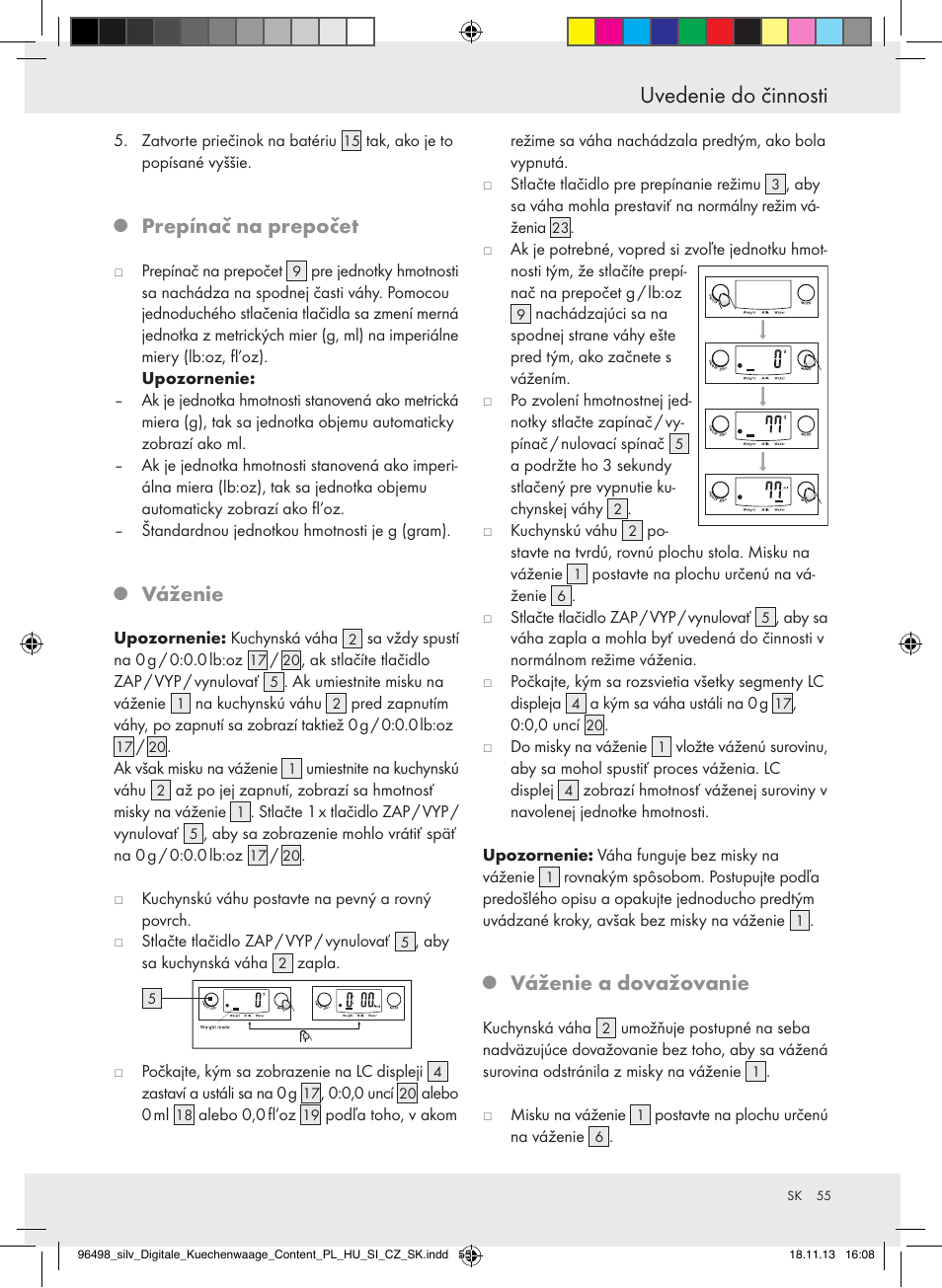 Uvedenie do činnosti, Prepínač na prepočet, Váženie | Váženie a dovažovanie | Silvercrest Z29852A/Z29852B User Manual | Page 55 / 69