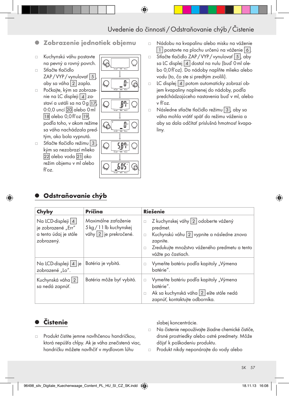 Zobrazenie jednotiek objemu, Čistenie, Odstraňovanie chýb | Silvercrest Z29852A/Z29852B User Manual | Page 57 / 69
