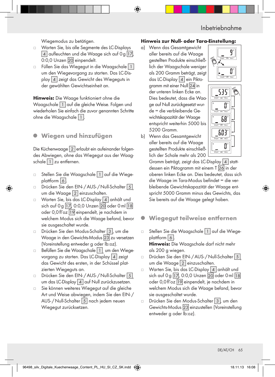 Inbetriebnahme, Wiegen und hinzufügen, Wiegegut teilweise entfernen | Silvercrest Z29852A/Z29852B User Manual | Page 65 / 69