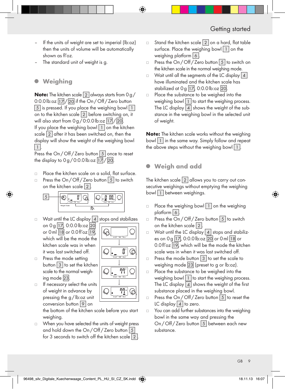 Getting started, Weighing, Weigh and add | Silvercrest Z29852A/Z29852B User Manual | Page 9 / 69