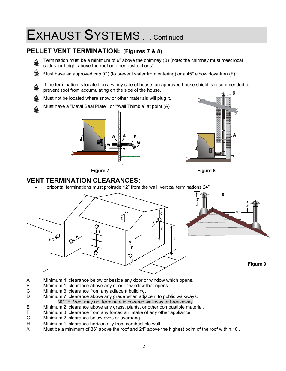 Xhaust, Ystems, Continued | Pellet vent termination, Vent termination clearances | Dansons Group CC3 User Manual | Page 12 / 37