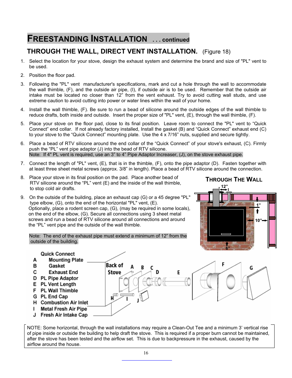 Reestanding, Nstallation, Through the wall, direct vent installation | Dansons Group CC3 User Manual | Page 16 / 37
