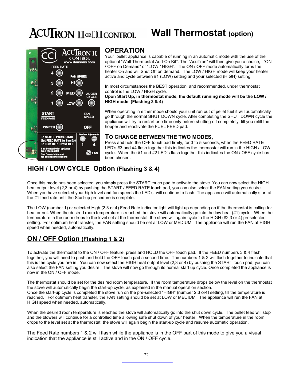 Wall thermostat, Option), Operation | High / low cycle option, On / off option | Dansons Group CC3 User Manual | Page 22 / 37