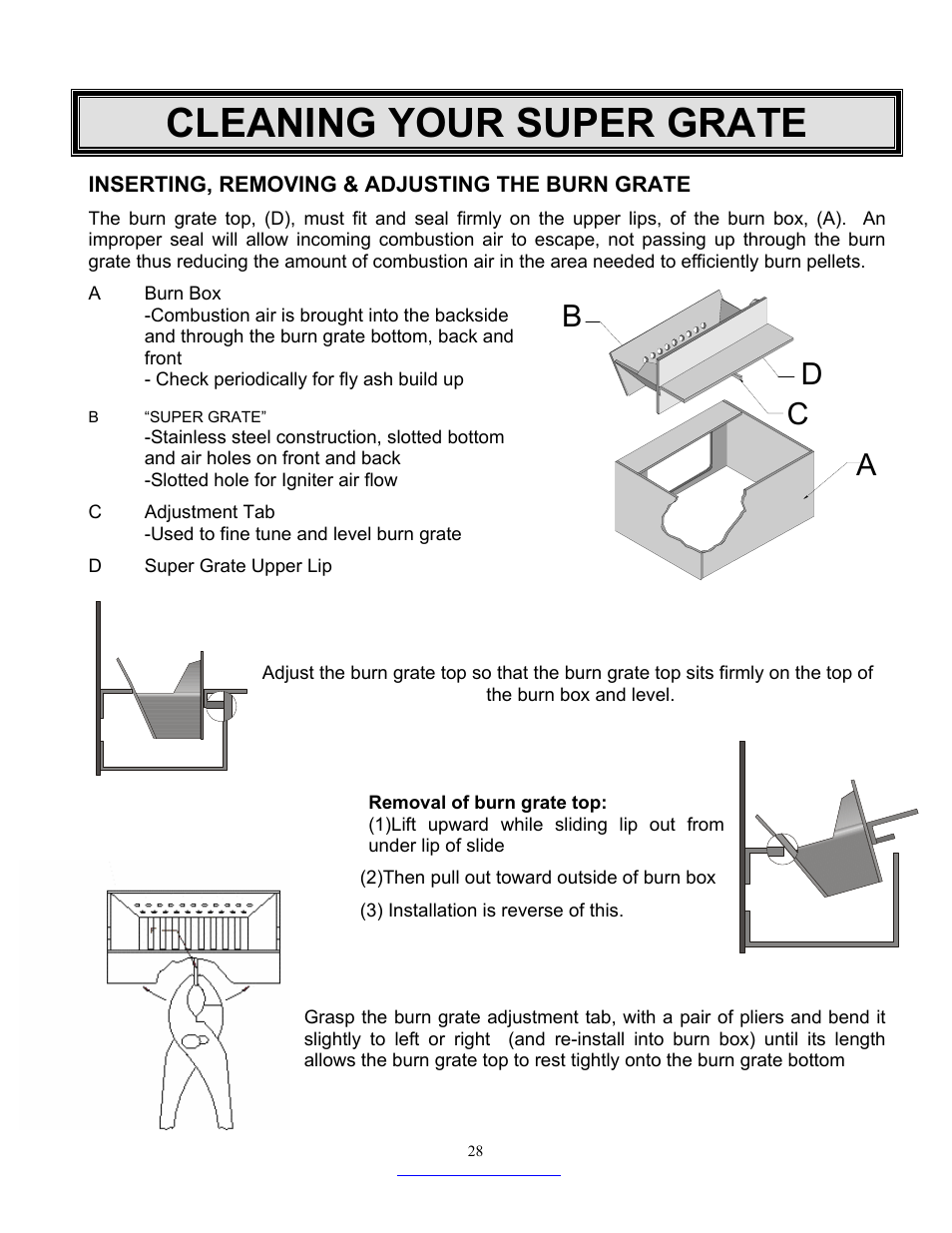 Cleaning your super grate, Bc d a, Inserting, removing & adjusting the burn grate | Dansons Group CC3 User Manual | Page 28 / 37