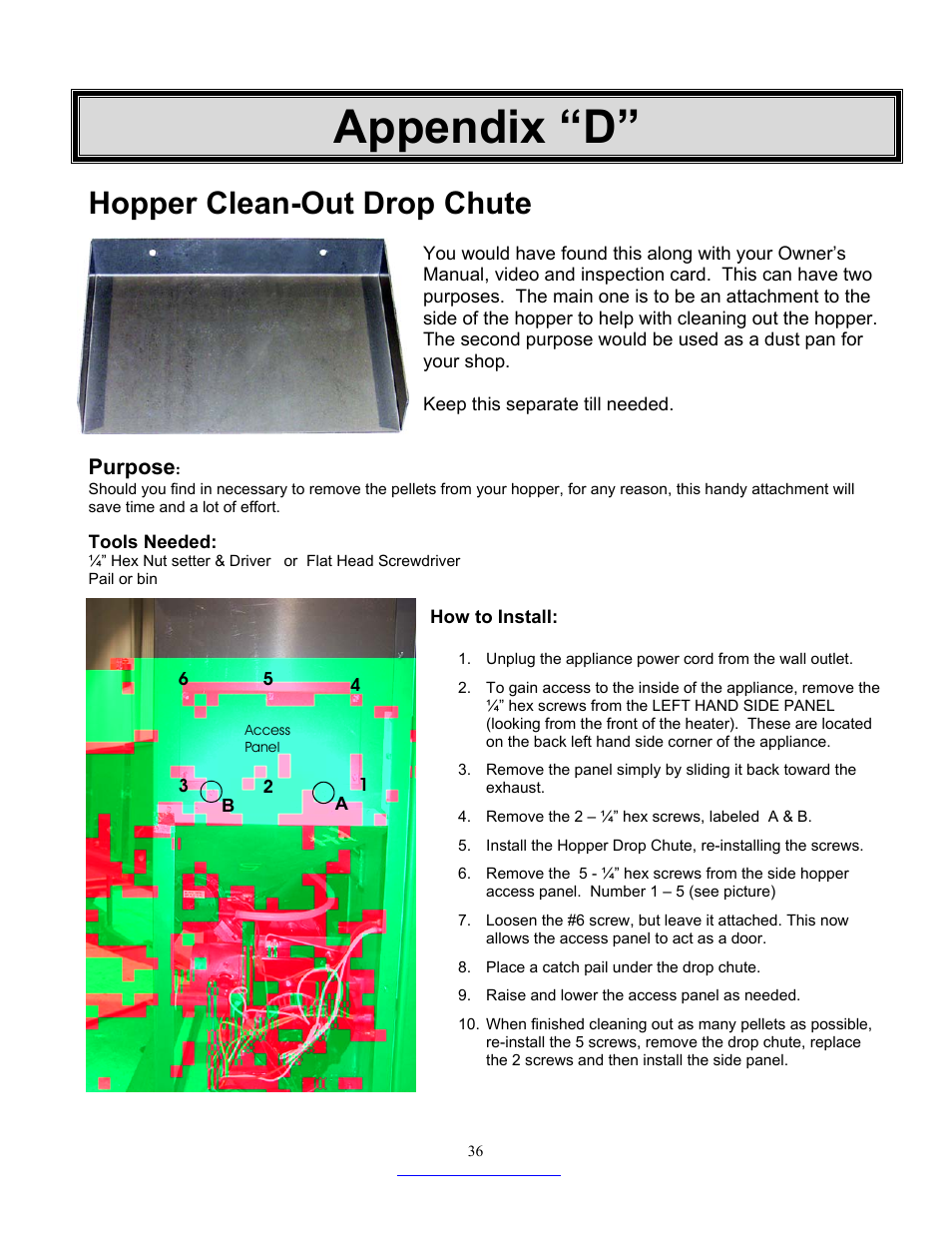 Appendix “d, Hopper clean-out drop chute, Purpose | Dansons Group CC3 User Manual | Page 36 / 37