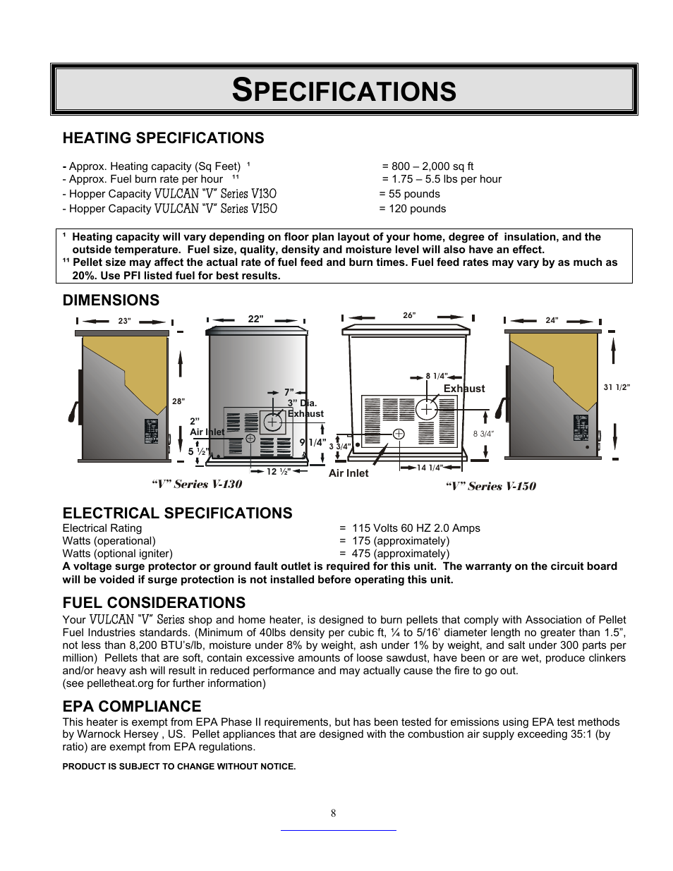 Pecifications, Heating specifications, Dimensions | Electrical specifications, Fuel considerations, Epa compliance | Dansons Group CC3 User Manual | Page 8 / 37
